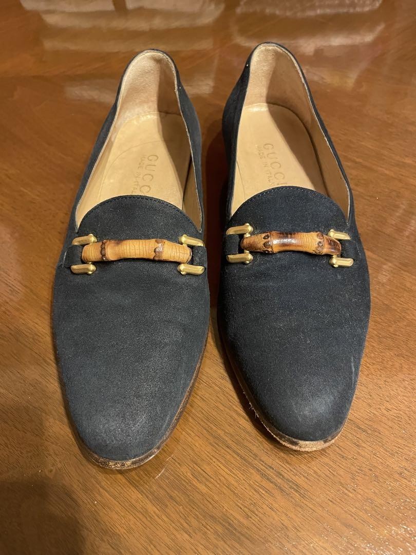 Gucci Bamboo Bit Loafers Shoes Navy Blue Suede Size 35 US