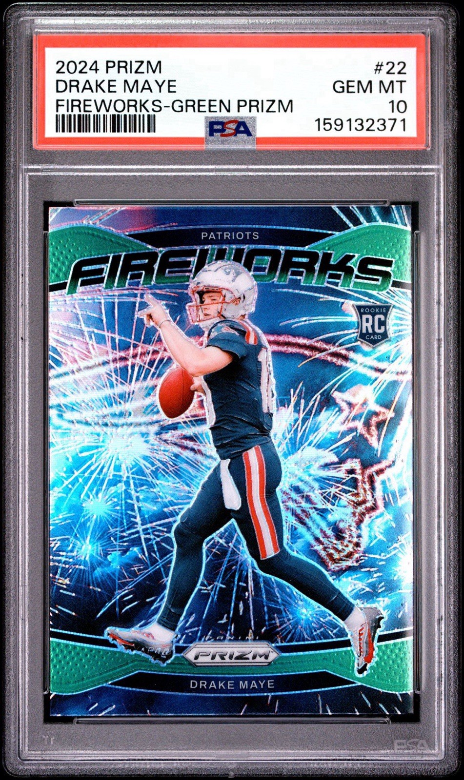 Panini 2024 Prizm Drake Maye Fireworks Green Prizm #22 Patriots RC PSA 10
