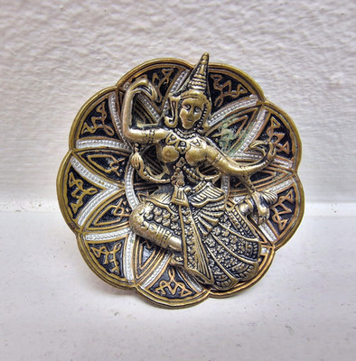Vintage Thai Dancer Brass Tone Brooch Ornate Round Mixed Metal Costume Jewellery