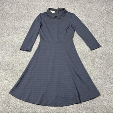 Hobbs Dress Womens US 2 Navy Blue Textured Fit Flare A Line Collared Long Sleeve