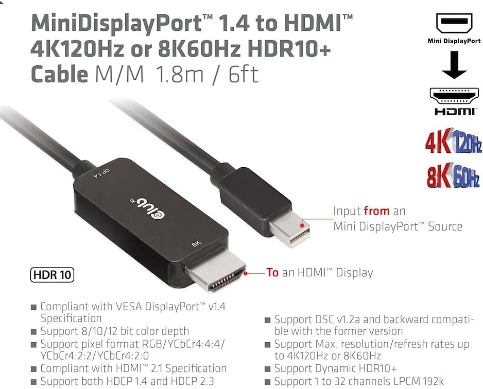 Club 3D CAC-1187 MiniDisplayPort™ 1.4 to HDMI™ 4K120Hz or 8K60Hz HDR10+ Cable 1. - Image 3 of 4
