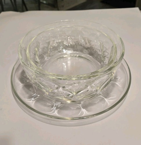3 Piece Vtg Glass Pyrex Teardrop Thumbprint Glass Nesting Bowls And Plate - Picture 3 of 13