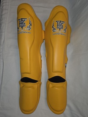 Top King Muay Thai Shin Guards Yellow Size M Genuine Leather MMA Kickboxing EUC!