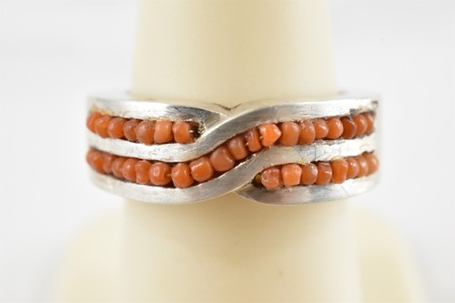 Geometric Hand Cast Solid Sterling Silver Ring Beaded Design Size 6-3/4 - Picture 2 of 11