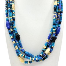 Necklace Vintage Blue Cream Bead Multi Strand Carved Statement Boho Retro 90s