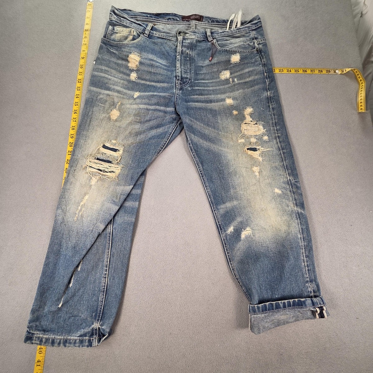 Zara Jeans Mens Selvedge Blue Med Wash Thrashed Whiskers Honeycomb