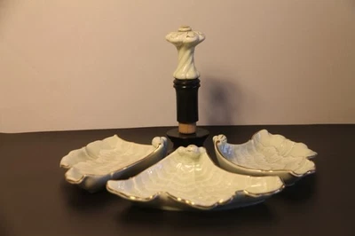 Antikes Kabarett Set 3-tlg Gien Frankreich Fayence Blattform Celadon Goldrand - Bild 1 von 4