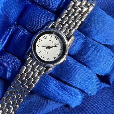 MONACO STEEL MN1100 SILVER TONE BAND vintage BRACELET WATCH FRESH BATT A15 WORKS