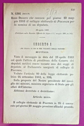 Piacenza 1883 Royal Decree Convenes College Ballot X Name DEPUTATO-3517