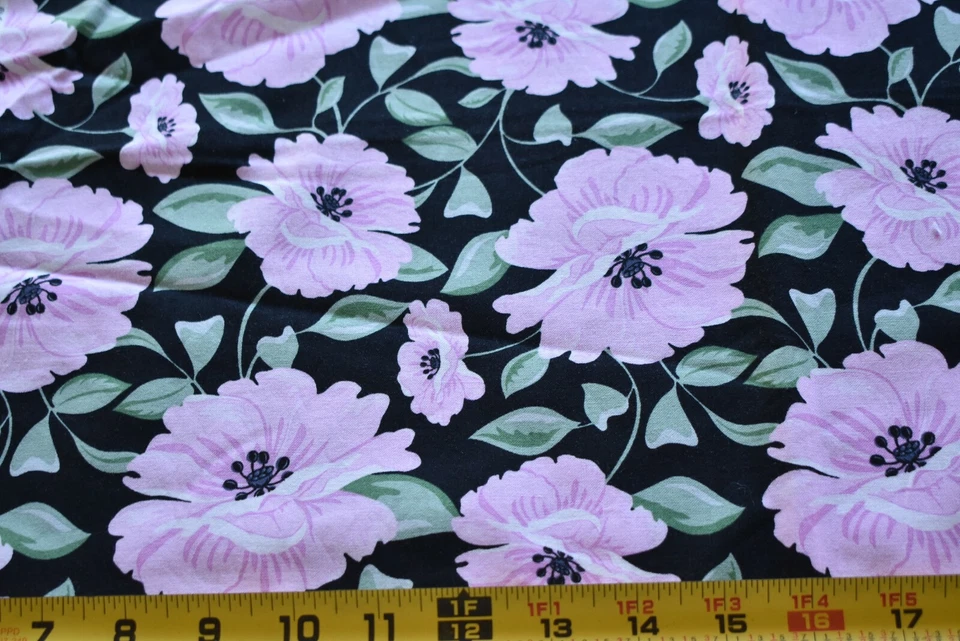 30" Long, Pink Floral on Black Quilt Cotton, Quilting Treasures, BJ Lantz, N4533 - Image 2 of 4
