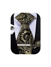 Paisley Tie and Pocket Square Men's Woven Necktie Silk 01 Black and Gold