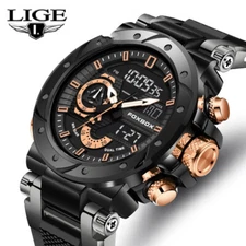 LIGE Men's Watch Alarm Analog Digital LED Waterproof Diver Sport Male Wristwatch