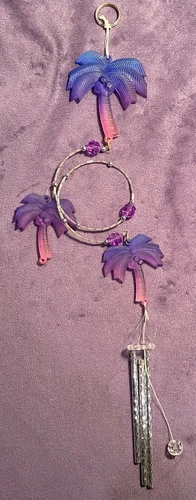PALM TREES (3) Purple and Blue w/ "coconuts" Spiral Springy WIND CHIME