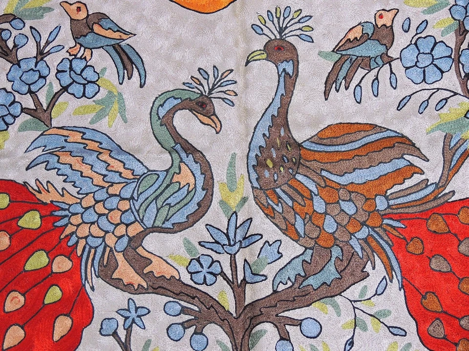 Par de alfombras decorativas de pared marfil pavo real alfombra tapiz bordado crewel 36"x24" Foto 2 de 4