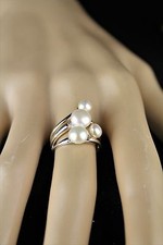 Sterling Silver Pearl Ring 3 Tier Band with 4 Freshwater Pearls Cluster Wedding