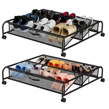 Under Bed Shoe Storage with Wheels Space Saving Metal Shoe Rack Organizer Slide