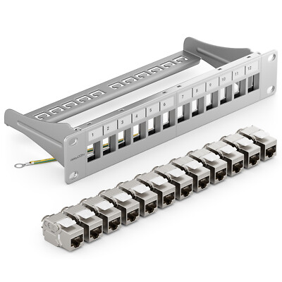 Patchpanel 12 Port CAT7 Patchfeld 1 HE 10'' Zoll + 12x CAT 7 Keystone Jack Module