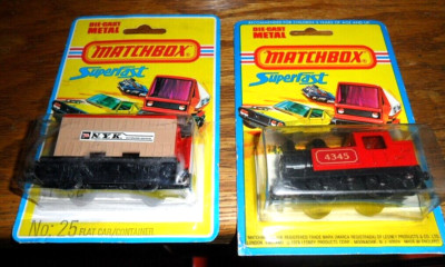 2 LOT Matchbox #25 NYK Freight Flat Container Train Car & #43 STEAM LOCOMOTIVE