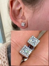 Mens Ladies Real Solid Sterling Silver Iced CZ Square Cut Hip Hop Earrings 925