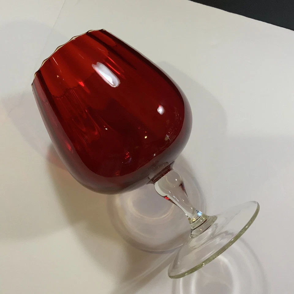 Empoli Vase Ruby Red Brandy Snifter Clear Stem Scalloped Top Vintage Glass - Image 4 of 4