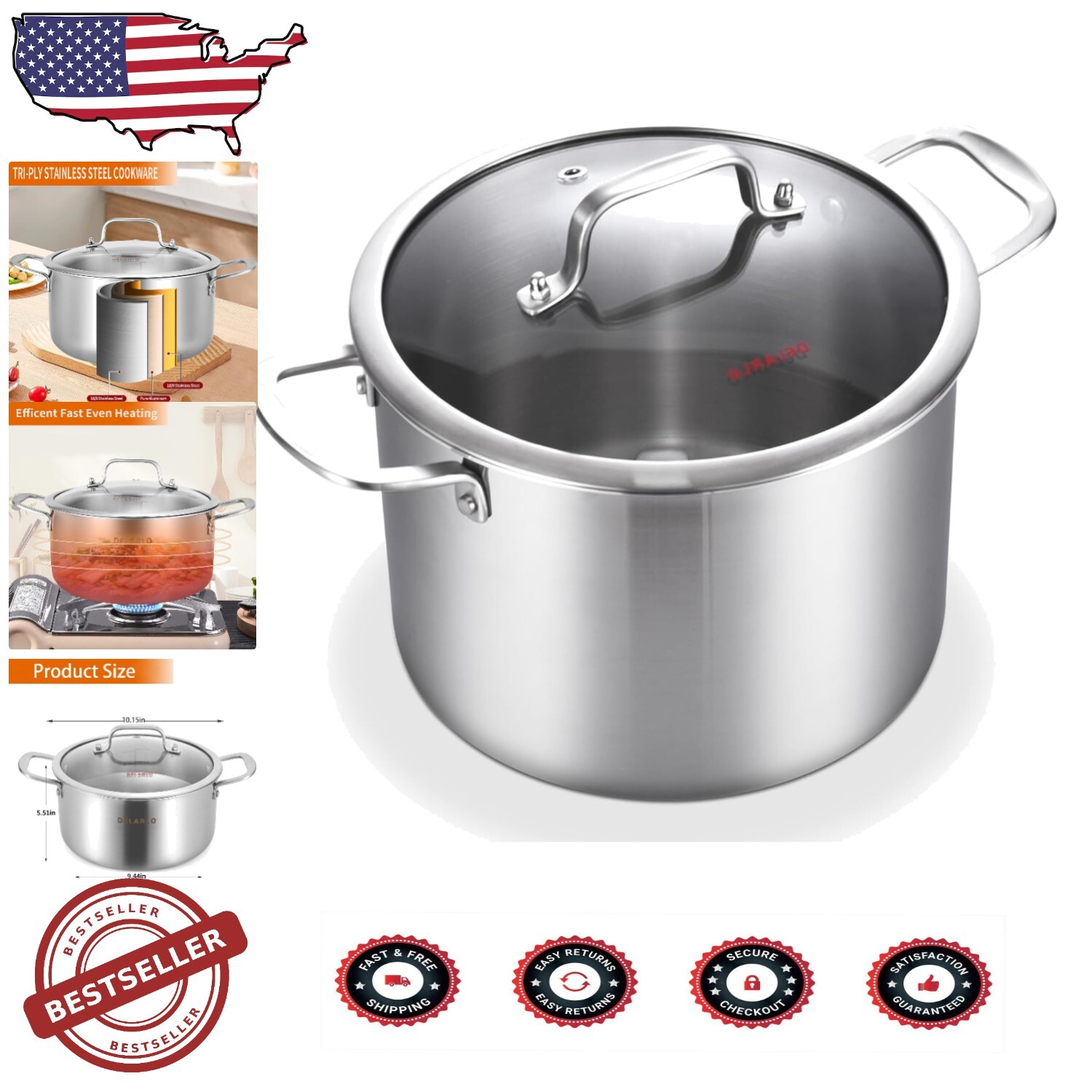 Durable Tri-Ply Stainless Steel 6 Quart Pot with Lid – Ideal for Soups & Seafood