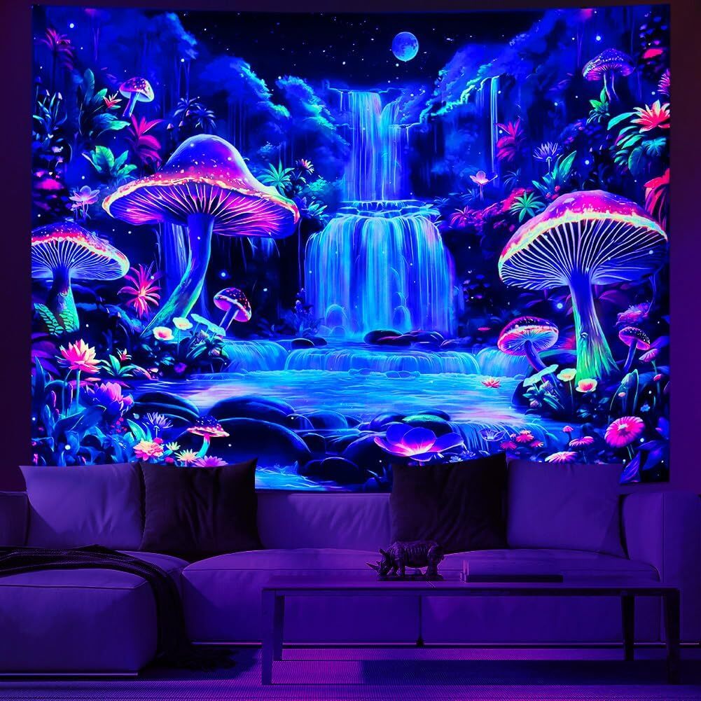 Blacklight Tapestry UV Reactive Fantasy Mushroom Forest Waterfall