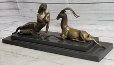 Art Deco Nude Female with Goat Bronze Sculpture Lost Wax Method Figurine Figure