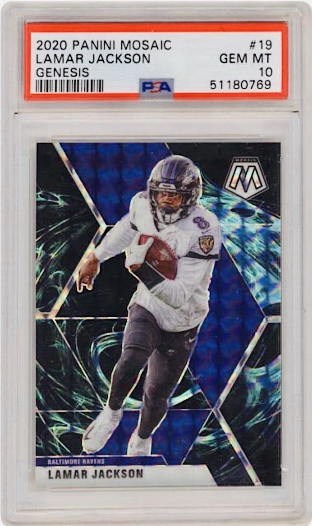 LAMAR JACKSON 2020 Panini Mosaic Genesis Prizm Case Hit Ravens #19 PSA 10