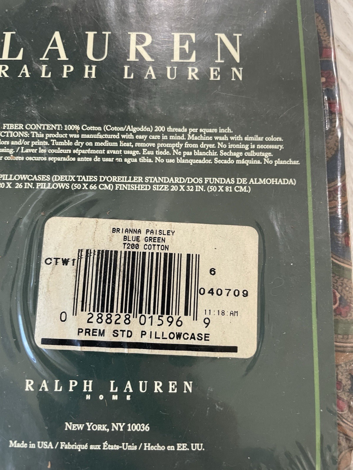 New Vtg Pair Ralph Lauren Brianna Paisley Blue Green 2  Pillowcases NIP thumbnail 4