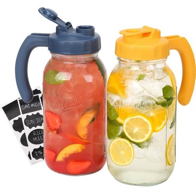 Soligt Glass Mason Jar Pitcher with Lid, Wide Mouth Flip Cap Navy and Yellow 