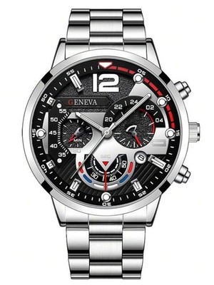 Elegante Geneva Uhr für Herren   Silber Edelstahl, Neu!