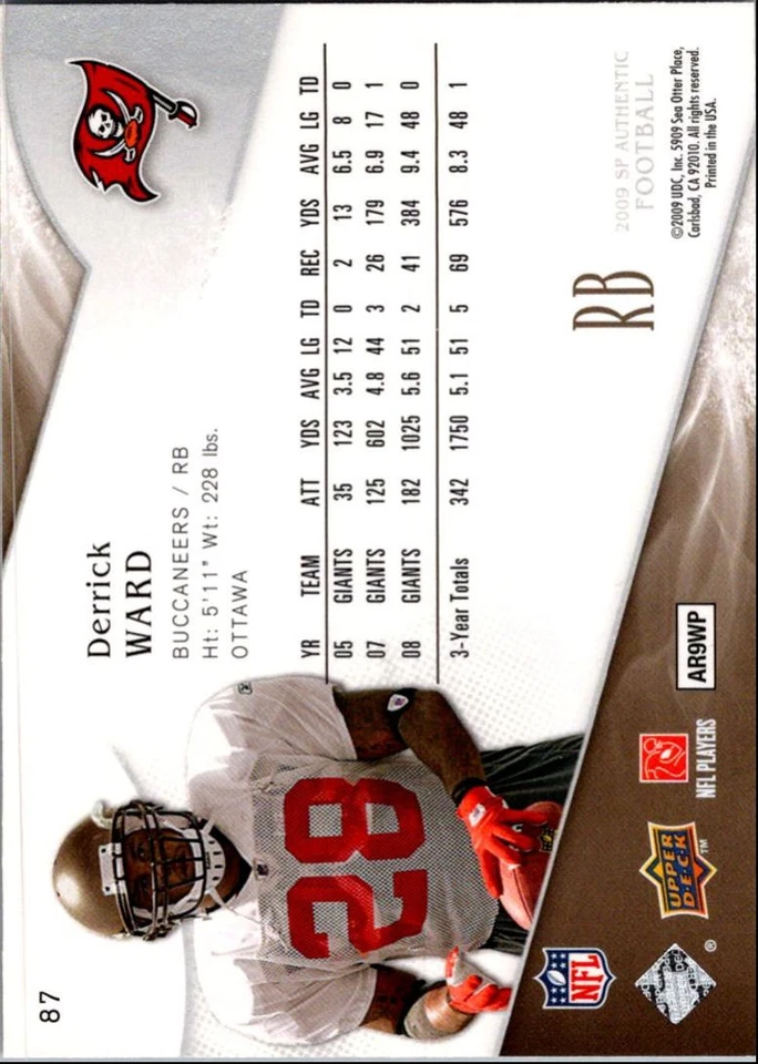 2009 SP Authentic Derrick Ward Tampa Bay Buccaneers #87 - Image 2 of 2