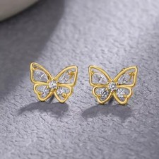 18K Gold Plated Sterling Silver Butterfly Stud Earrings with CZ Crystals