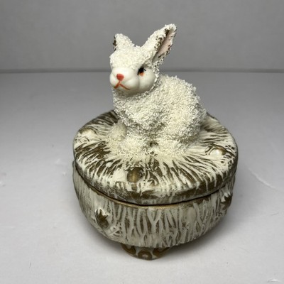 Vintage Snowbunny Trinket Ring Box Bunny Rabbit Porcelain Figurine Easter
