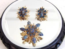 Vintage Demi-Parue Brooch~Earring Set~Rhinestones & Stippled Cabochons~Juliana?