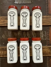 Vintage Griffith’s Milk Glass Spice Jars Set of 6 w/ Red Lids Art Deco