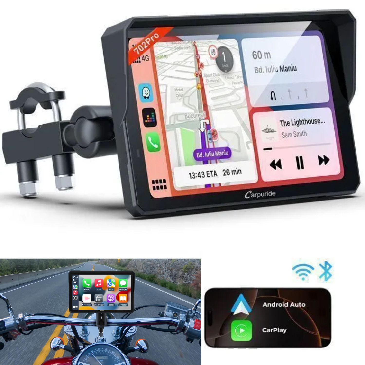 Écran Moto 7" CARPURIDE W702 Pro étanche IP67 compatible CarPlay sans fil noir