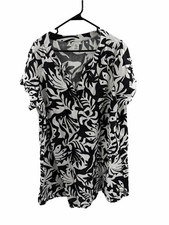Rachel Zoe 100% Linen Black White Abstract Leaf Floral Short Sleeve Dress 2X