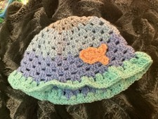 Handmade Crochet Hat Blue Green Unique Orange Fish Applique Soft Warm Winter Cap