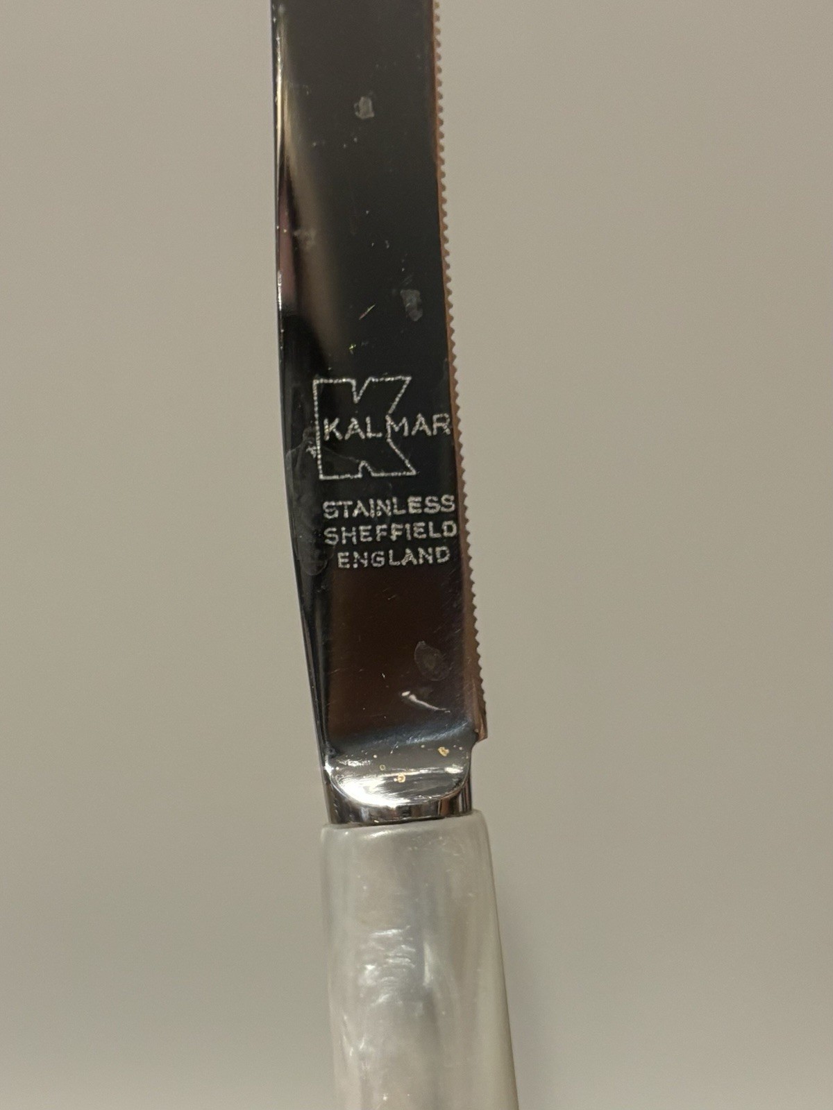 x 11 Vintage KalMar Knives Faux Mother of Pearl Opalescent Handles + Racks As Is