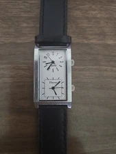 Vintage Here There Dual Time Zone Unisex Watch Black Leather Silver Tone 