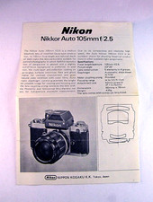 Vtg Nikon Data Sheet User Manual for Nikkor Auto 105mm 2.5 SLR Camera Lens