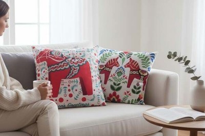 2 Swedish Themed Dala Horse Christmas Decorative Throw Pillows 18'' New