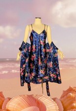 SECRET TREASURES Satin Robe Chemise Nightgown 2 Piece Navy Blue PINK Floral MED