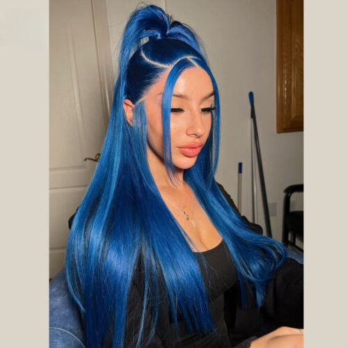 Lace Frontal Wig Navy Blue Straight Lace Front Human Hair WigsTransparent - Picture 1 of 14