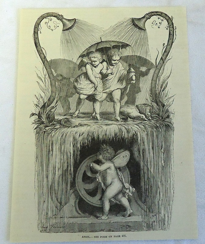 1885 magazine engraving ~ APRIL~Fairies/Cherubs Play in Showers