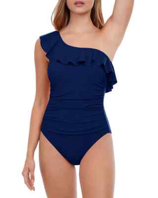 NWT Profile by Gottex Navy Tutti Frutti Ruffled One Shoulder Swimsuit 6 yno0923