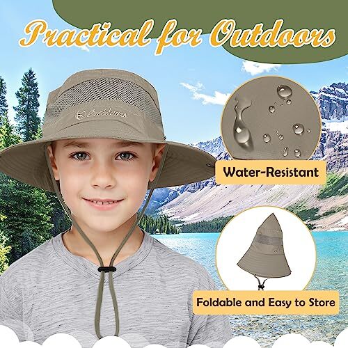 Kids Sun Hat Outdoor UPF 50+ Boys Sun Hat Wide Brim 5-13 Years 1pc Dark Khaki - Afbeelding 3 van 7
