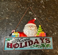 Happy Holidays Hanging Metal Sign Glass Plaque Party Art Decor Santa Claus