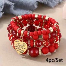 4 PCS Set Red Heart Charm Beads Layered Bracelet Set Bracelet Charm Jewelry Gift